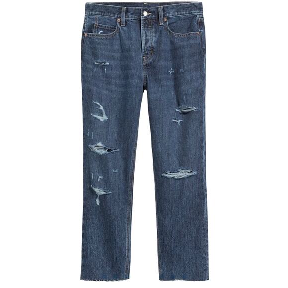 NEW OLD NAVY Blue Distressed High Waisted Button Fly Straight Leg Denim Jeans 10 - Picture 2 of 13